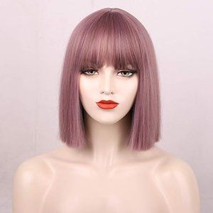 NEW ENTRANCED STYLES Ash Pink Purple Wig Short Bob with Bangs Brand NEW